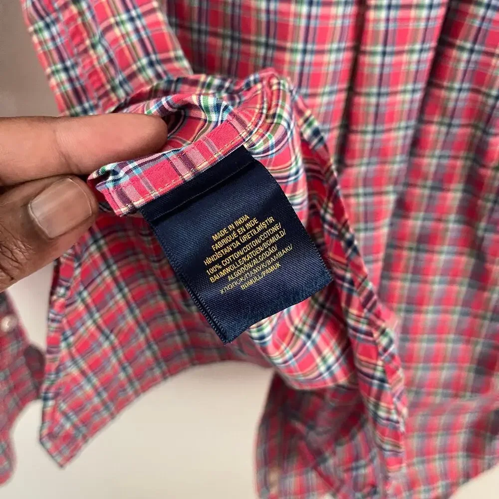Ralph Lauren Boys Large 14/16 Red Tattersall Plaid Button Down Shirt Sleeve